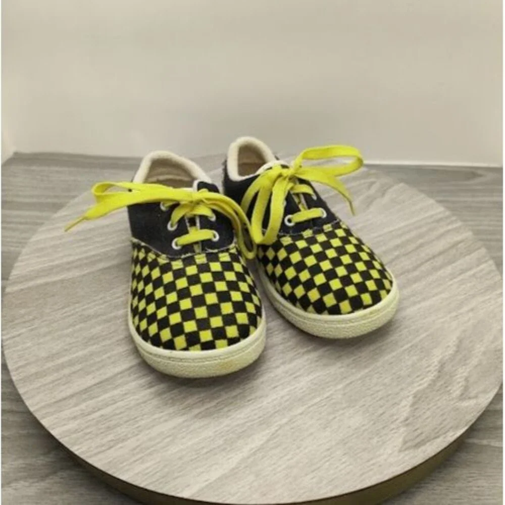 Vintage 80s Gerber Yellow Black Checkerboard Toddler Canvas Sneakers Size 7 USA